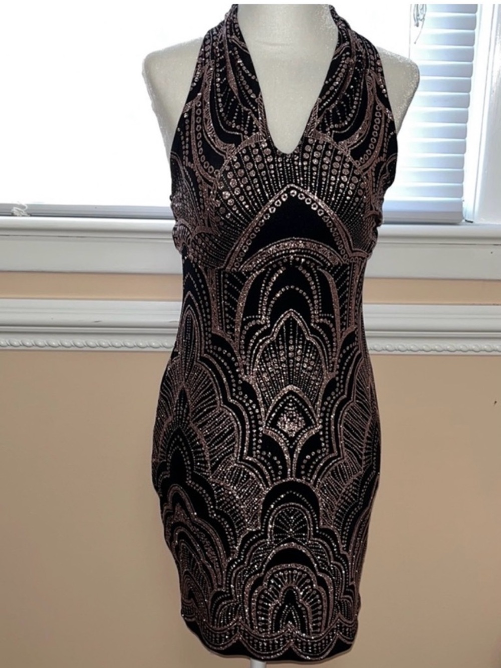 Black & Rose Gold Sequin Halter Bodycon Dress